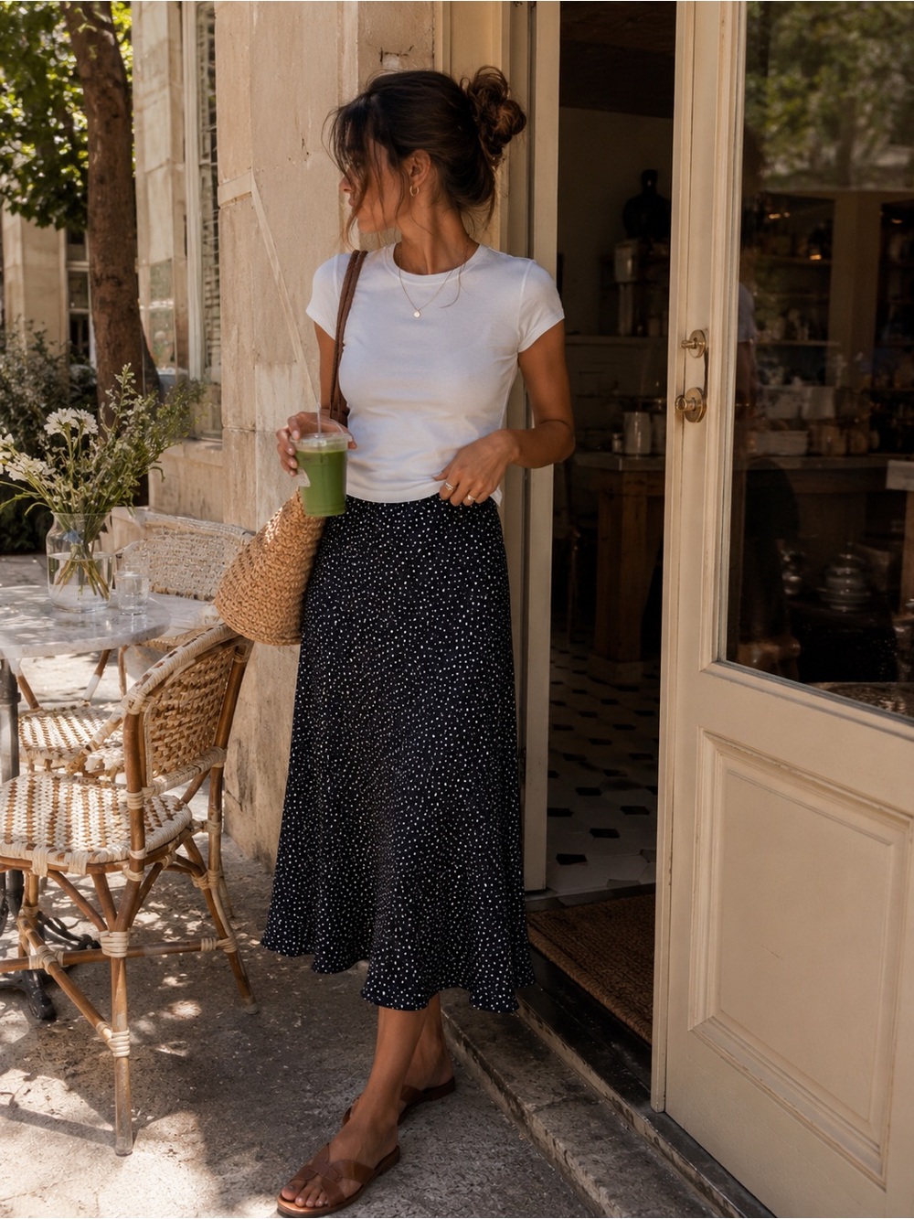 J. Crew Navy and White Polka Dot Midi Skirt